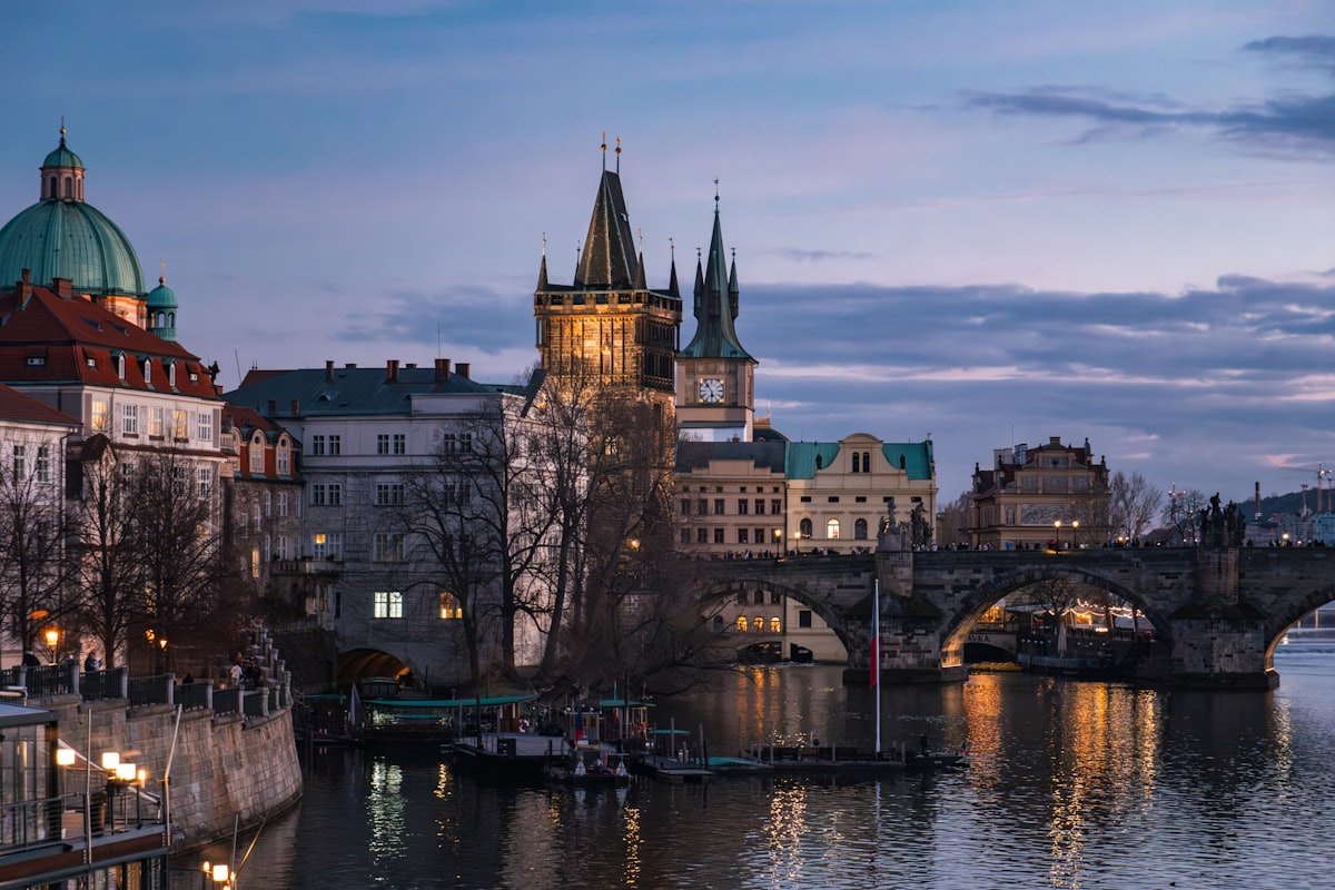 The Prague waterfront at dusk